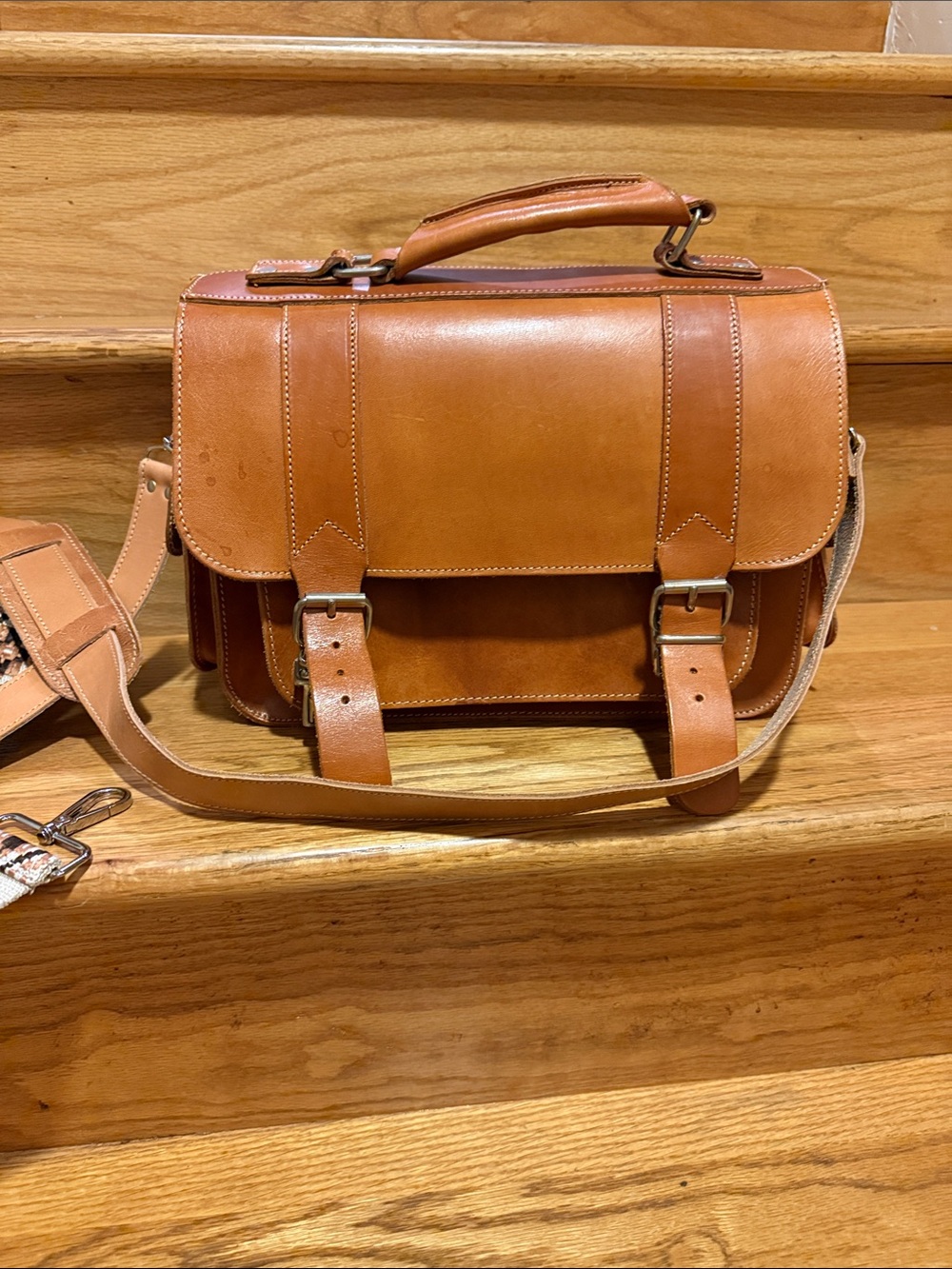 Women/Men Tan Leather Messenger Bag with Top Handle and two Adjustable Strap